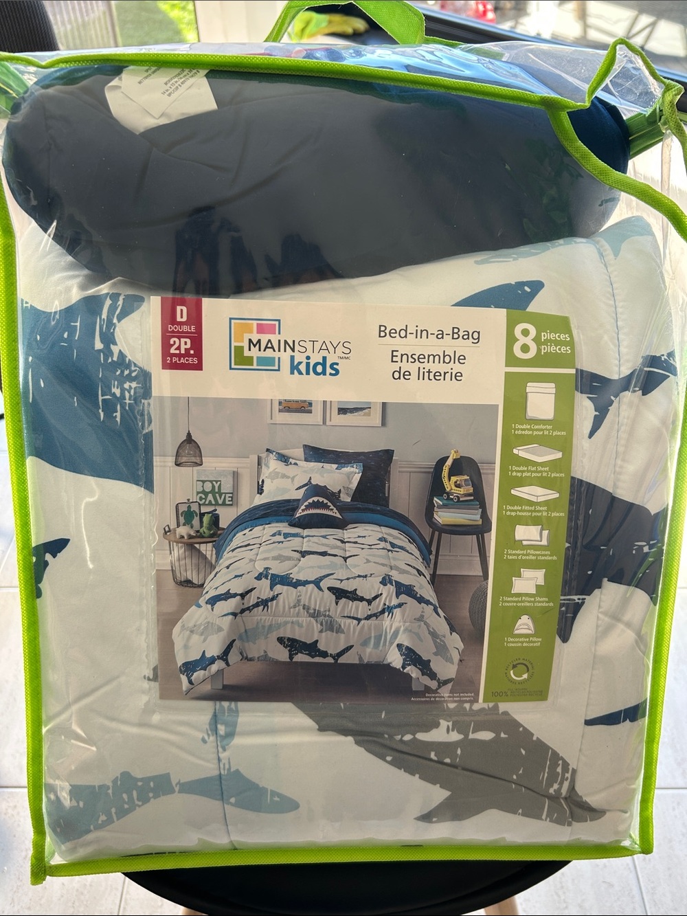 NWT 🆕 Mainstays Kids Shark Print Bed in a Bag 8-piece Set - Double Bed